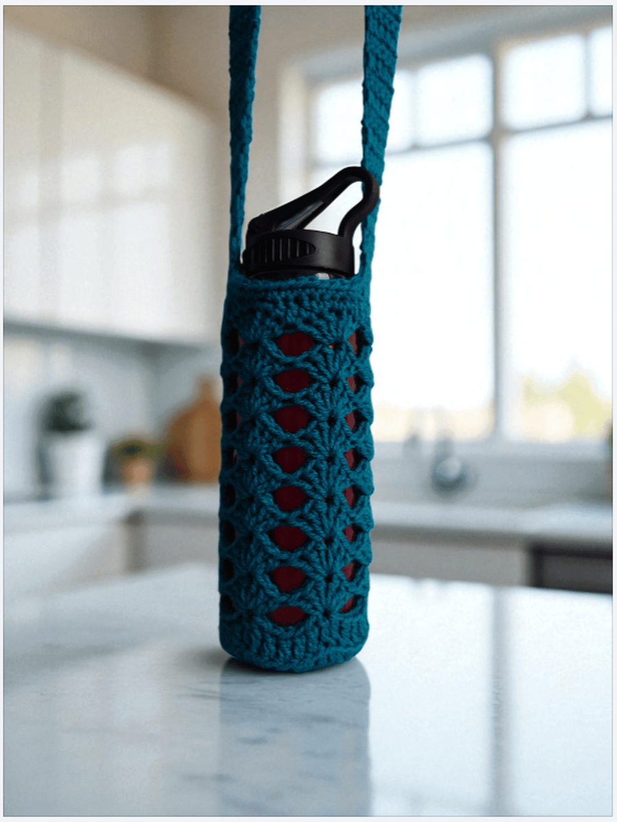 Hand Crochet Water Bottle Holder Crossbody Water Bottle Carrier - Teal