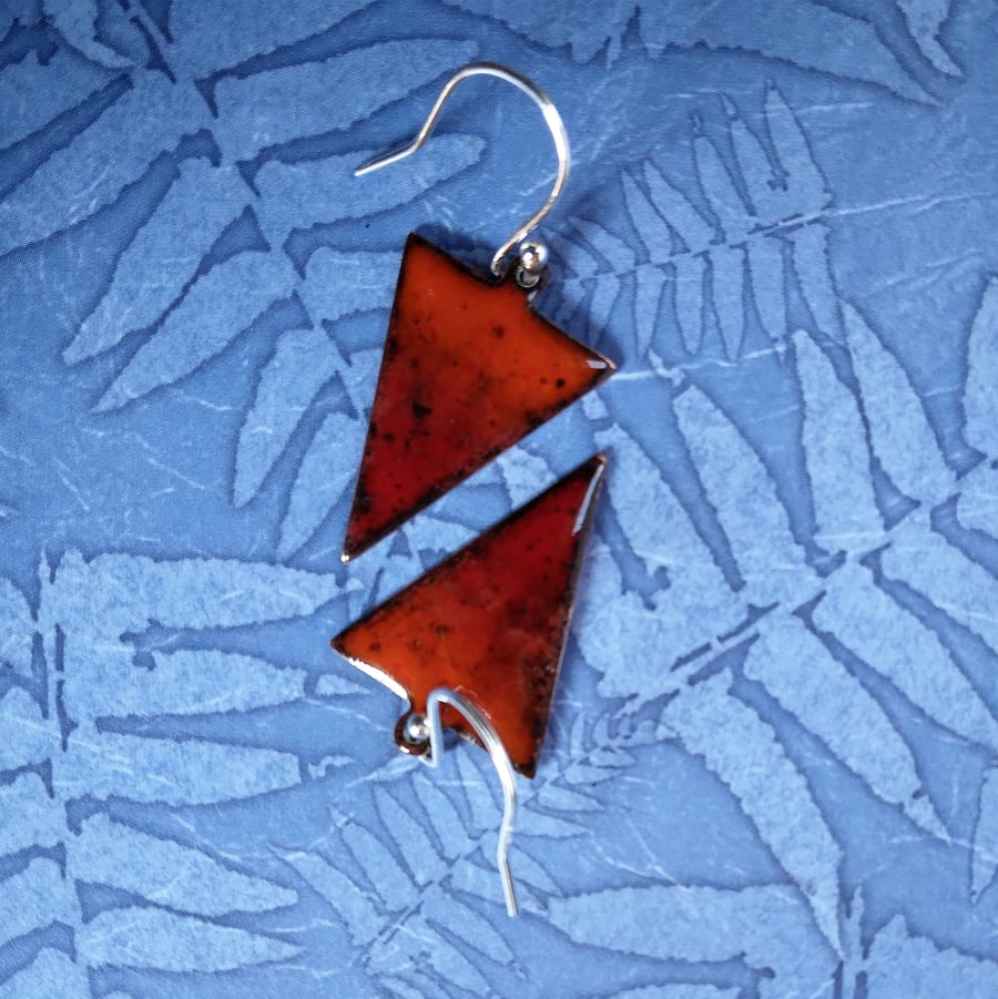 Burnt orange 'lava' earrings in enamel on copper triangles 265