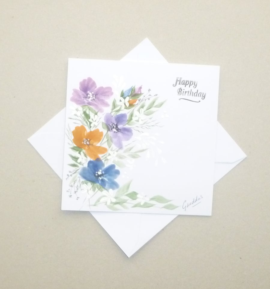 hand painted floral Birthday card ( ref F 902 C5 )