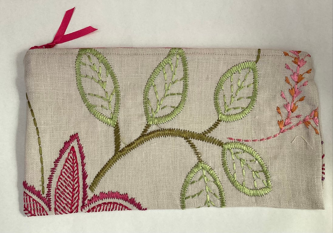 Zipped make up bag or pencil case embroidered ecru linen