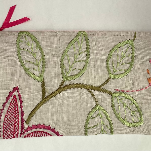 Zipped make up bag or pencil case embroidered ecru linen