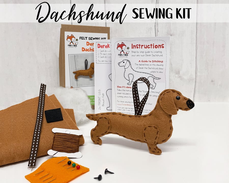 Derek the Dachshund Mini Felt Sewing Kit - Includes everything you need