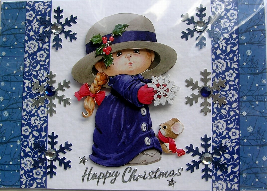 Hand Crafted Decoupage Chistmas Card - Happy Christmas (2952) Young Girl