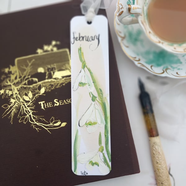 Hand drawn and painted book mark ' february snowdrops'