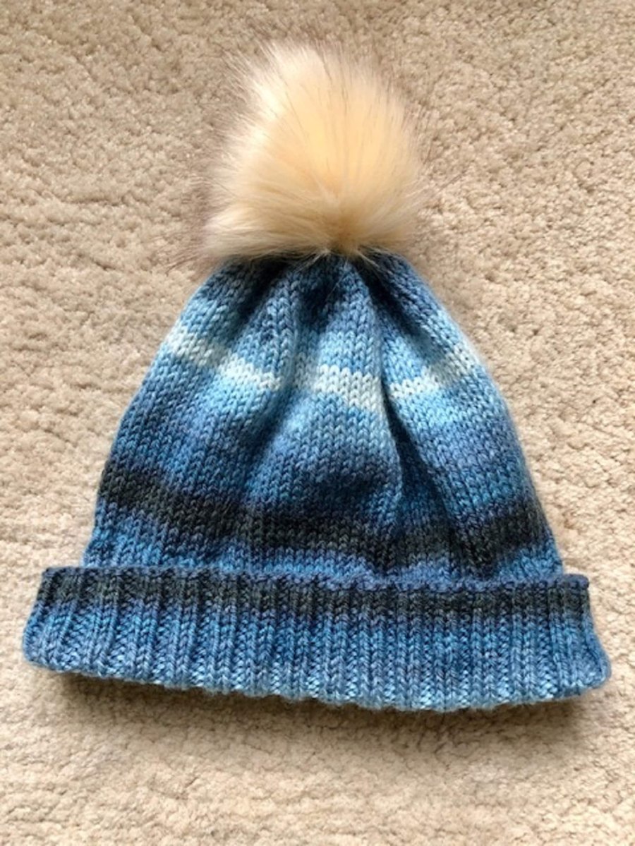 Hand Knitted Hat 17 with removable pom-pom (DK) large to fit most adults