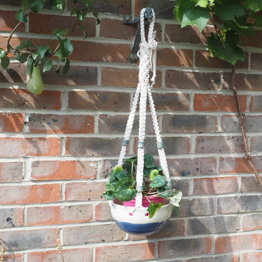 Pierced Ceramic Bowl with Macrame hanger - Blue