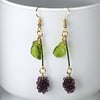 GRAPE EARRINGS Czech glass resin gold plated drop bar kitsch