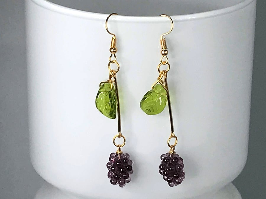 GRAPE EARRINGS Czech glass resin gold plated drop bar kitsch