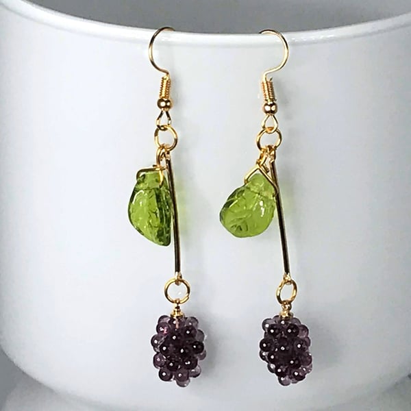 GRAPE EARRINGS Czech glass resin gold plated drop bar kitsch