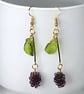 GRAPE EARRINGS Czech glass resin gold plated drop bar kitsch - Image 1