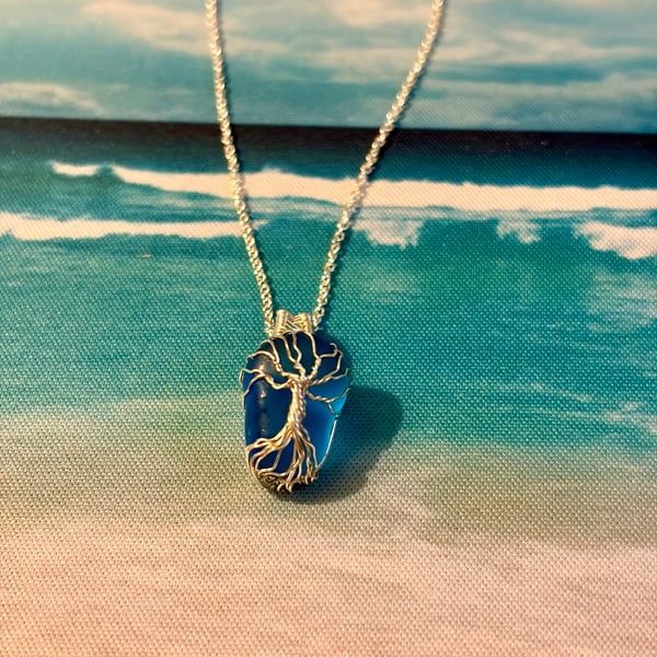 Scottish Sea Glass Tree of Life Pendant – Handmade Wire Wrapped Necklace