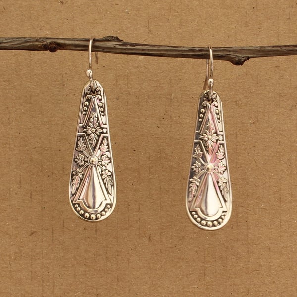Patterned Silver Plate Lozenge Drop Earrings - Up-Cycled Antique Spoon Handles