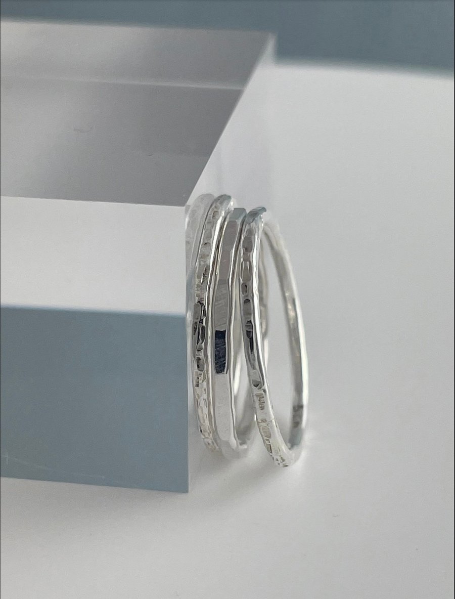 Silver Stacking Ring Set X3 1.5mm Sterling Silver Hammered-Sparkly & Faceted H-Z
