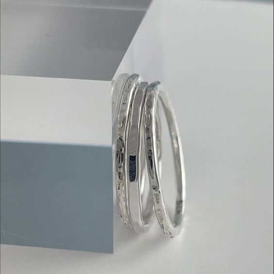 Silver Stacking Ring Set X3 1.5mm Sterling Silver Hammered-Sparkly & Faceted H-Z