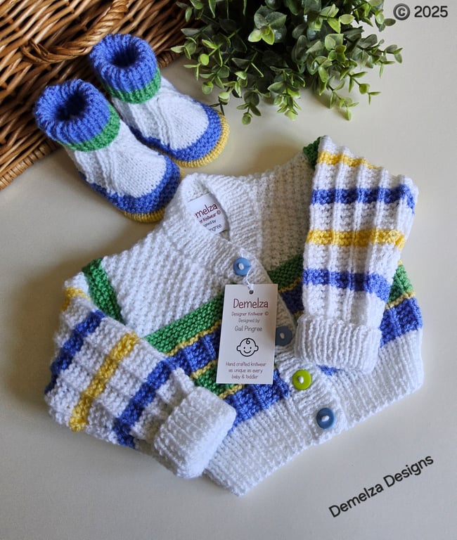 Designer Baby Boy's Hand Knitted Cardigan & Booties Set 3-9 Months Size