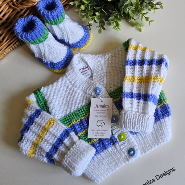 Designer Baby Boy's Hand Knitted Cardigan & Booties Set 3-9 Months Size