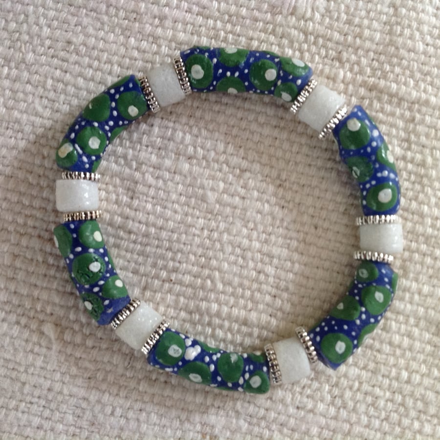 6.5" African bead bracelet with blue, green and white tube beads 