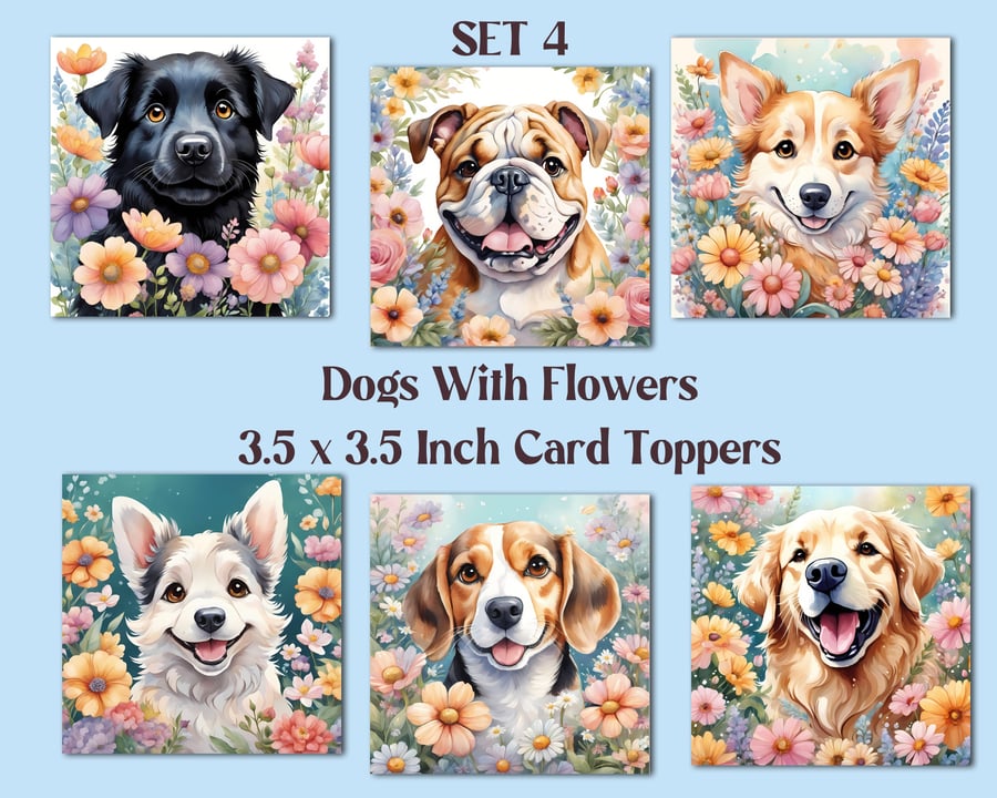 Dogs with Flowers Square Card Toppers for Card Making, Tags, Scrapbooks, Journal