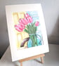 Original Pink Tulip Watercolour Painting, A5 Floral still life with mount - Image 5