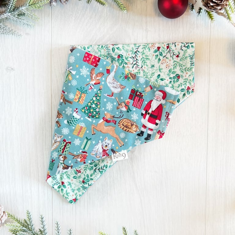 Christmas Dog Bandana - Handmade Fully Reversible Christmas Motifs & Foliage