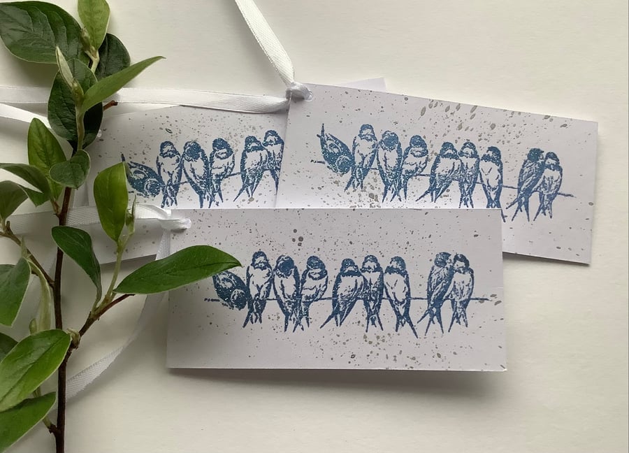 GIFT TAGS, ( set of 3 )  'On a Wire' . Swallow. Bluebird . Nature .Blue.