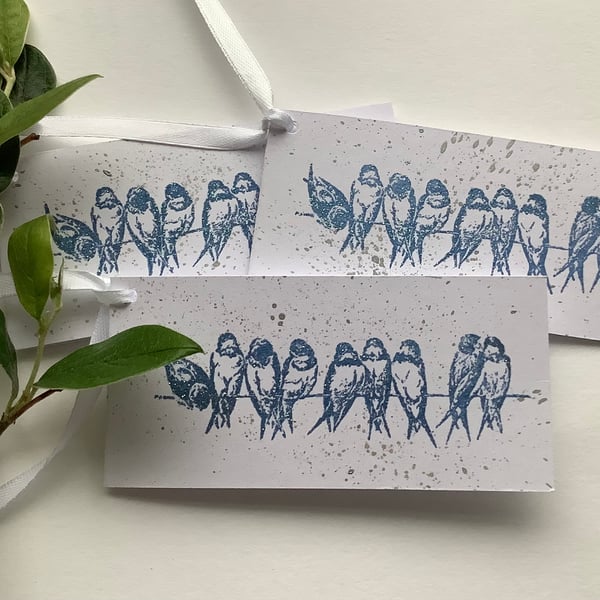 GIFT TAGS, ( set of 3 )  'On a Wire' . Swallow. Bluebird . Nature .Blue.