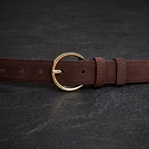 Brown Full Grain Suede Belt Gold-Tone Round Buckle Women's Belt 25mm 1 Inch