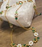 Artisan Pearl Flower Jewelry Set, Gold Green Woven Bracelet, Drop Earrings - Image 2
