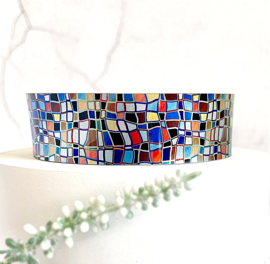Geometric cuff bracelet with colourful mosaic design. Personalised option. (245)