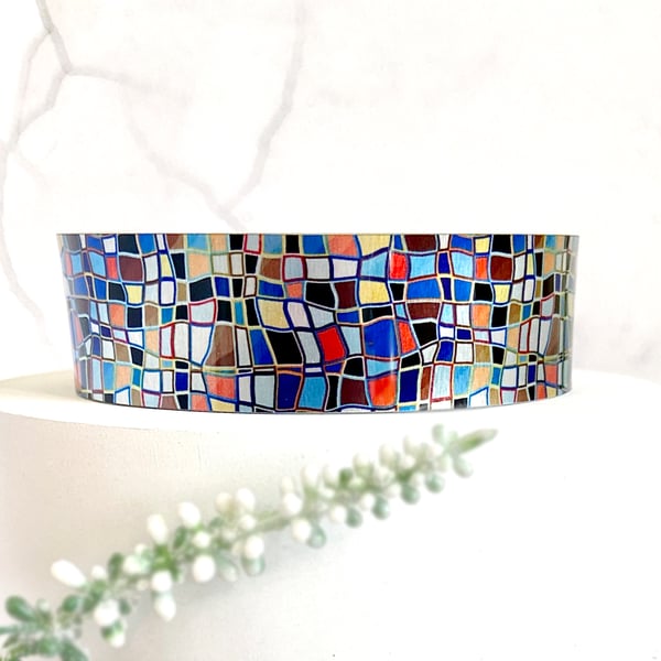 Geometric cuff bracelet with colourful mosaic design. Personalised option. (245)