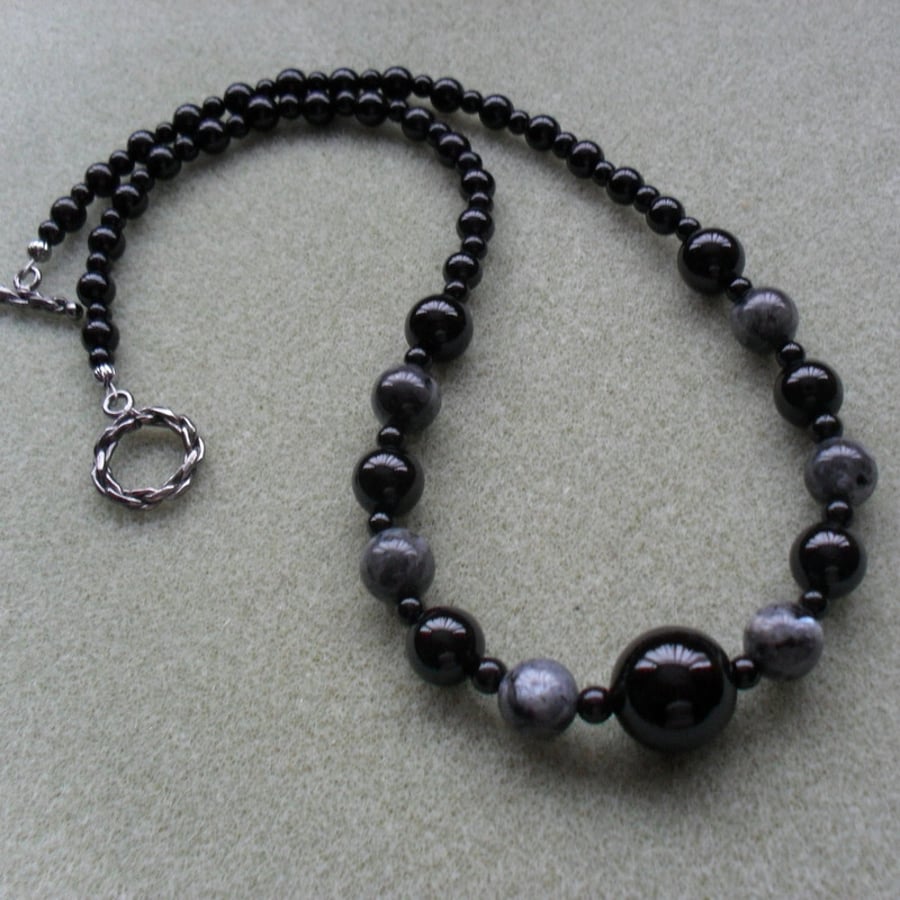 Black Onyx Agate and Lavakite Semi precious Gemstone Necklace