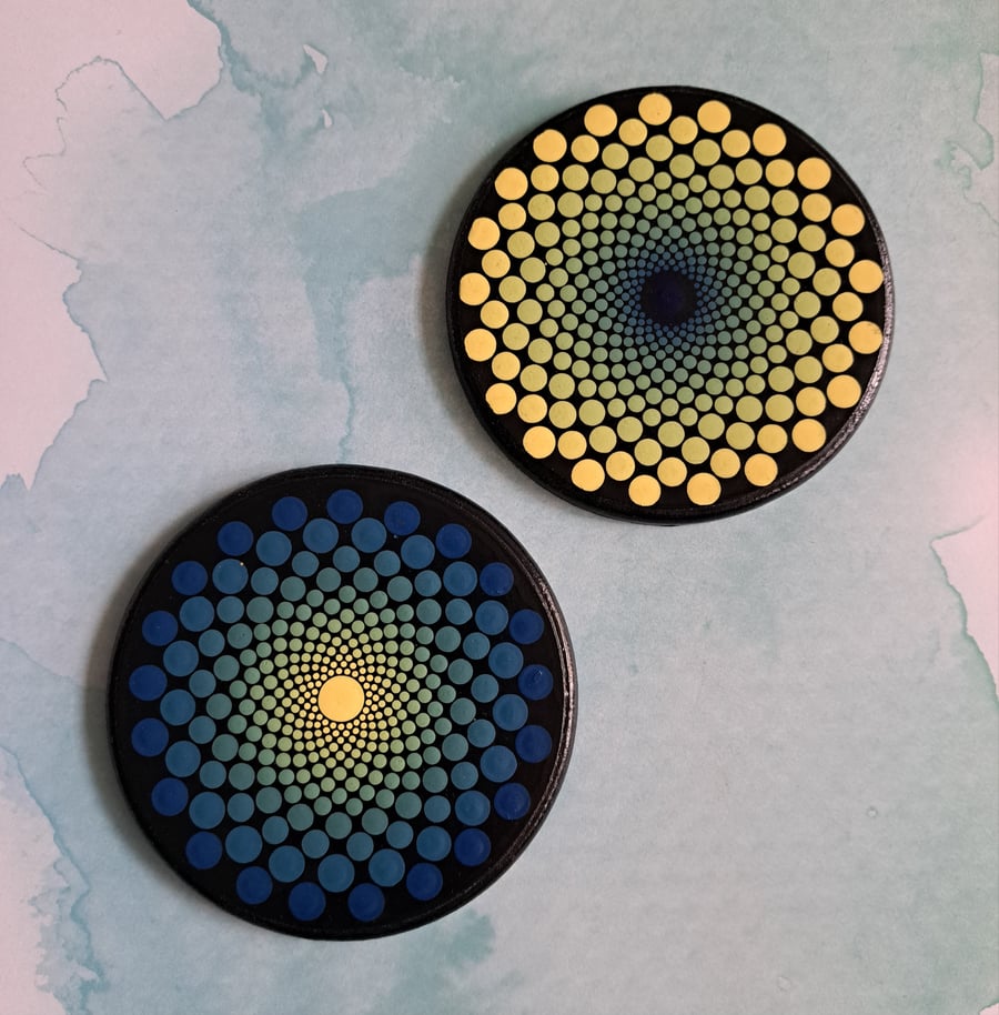 Set of 2 Hand Painted Dot Art Coasters