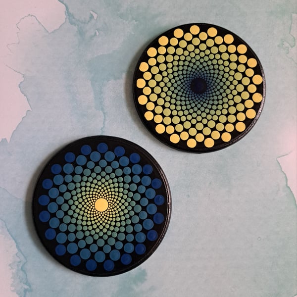 Set of 2 Hand Painted Dot Art Coasters