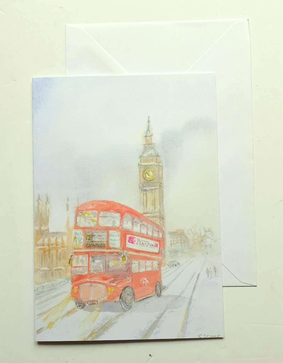 A5 card Routemaster London bus winter Christmas scene from original watercolour