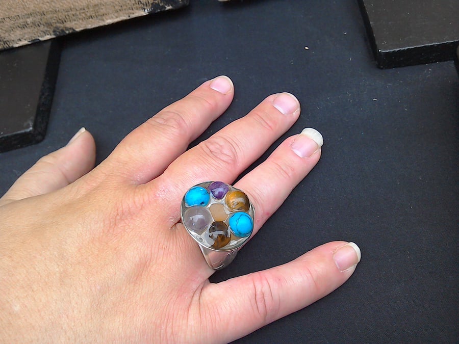 Upcycled Silver Plated Ring with Gem Beads in Resin