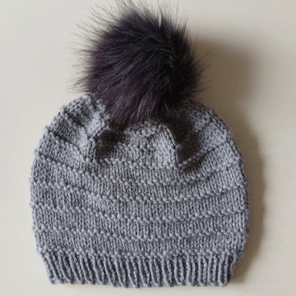 HAND KNIT Ladies Chunky Merino Beanie Hat with Pom-Pom