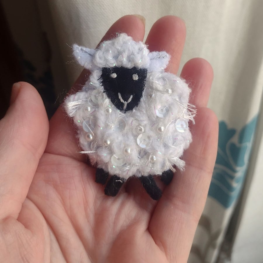 Woolly Textile Sheep Brooch Pin - Felt Brooch - Beaded Brooch -  Handmade - OOAK