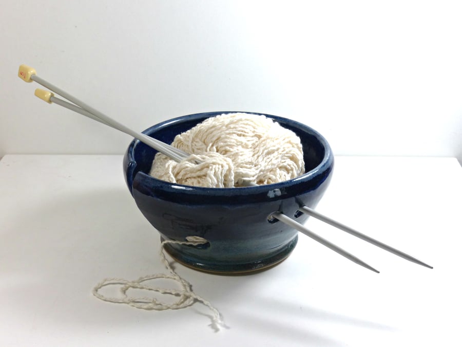 Yarn - Knitting Bowl Ceramic Pottery Handthrown Blue Green UK