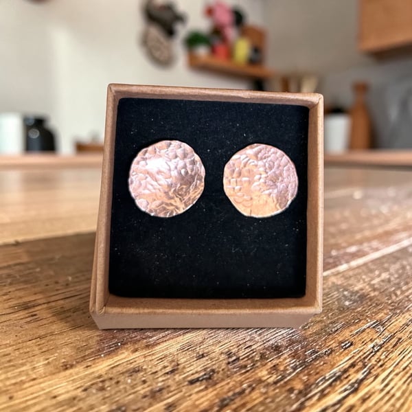 Unisex Sterling Silver & Textured Copper 15mm Disc Earrings - Gift Boxed