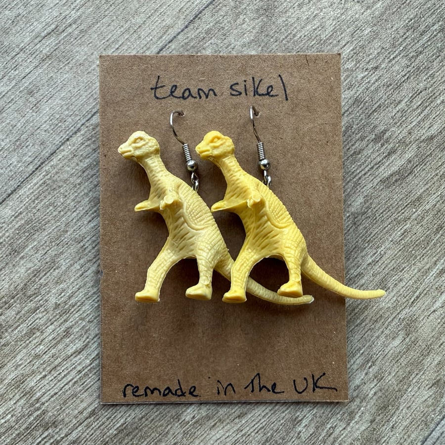 Yellow Pachycephalosaurus Dinosaur Earrings - Upcycled from Toys
