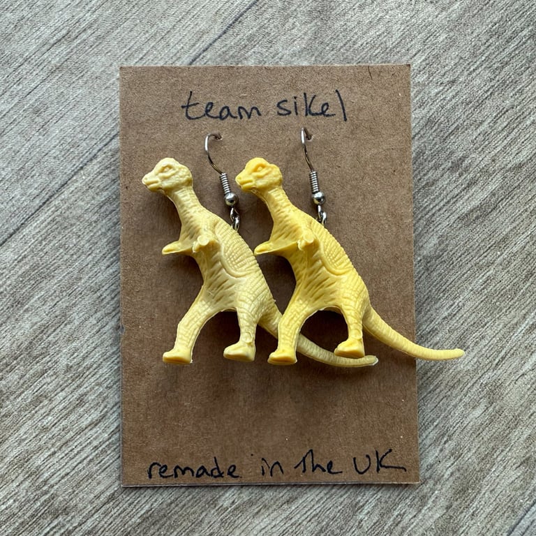 Upcycled Yellow Pachycephalosaurus Dinosaur Earrings