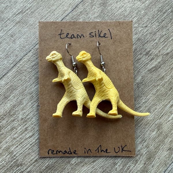 Yellow Pachycephalosaurus Dinosaur Earrings - Upcycled from Toys