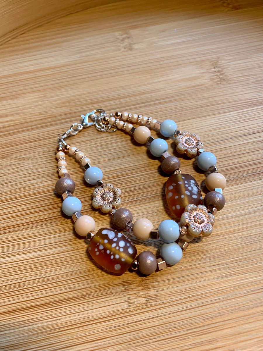 Double Strand Stacking Blue & Nude Glass Bead Adjustable Bracelet