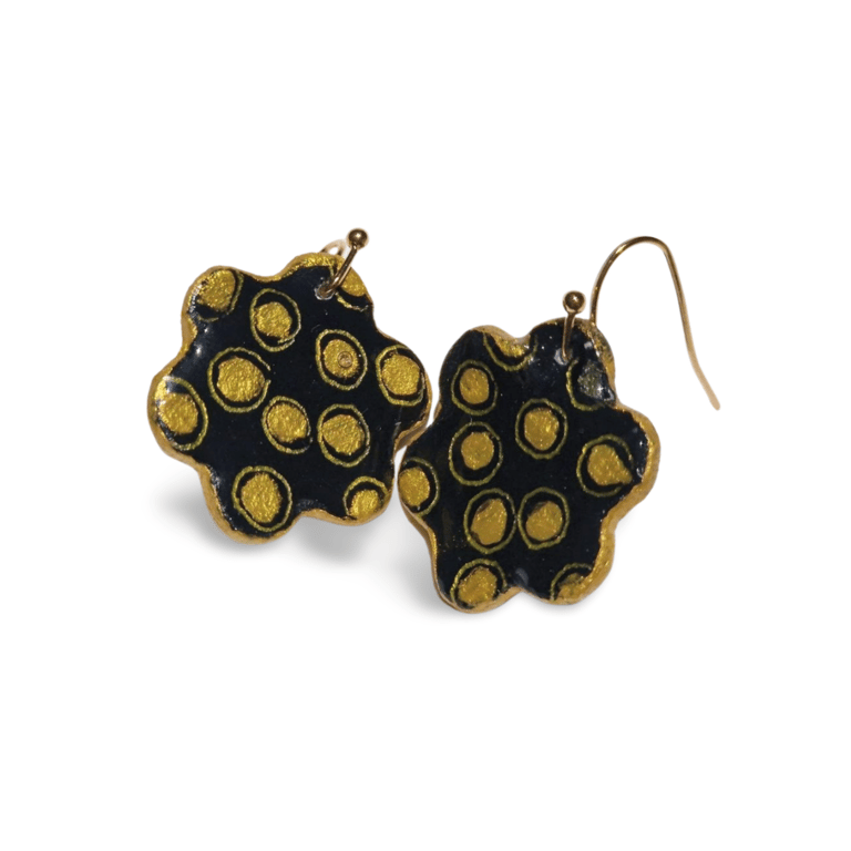 Hand Painted Ceramic Drop Earrings - Black and Gold