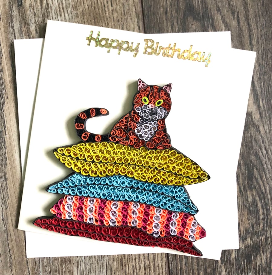 Stunning Handmade Quilled Cat on pillows Card