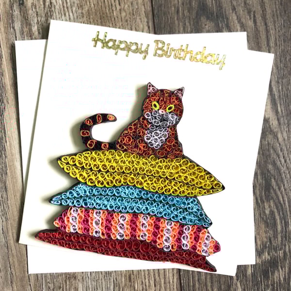 Stunning Handmade Quilled Cat on pillows Card