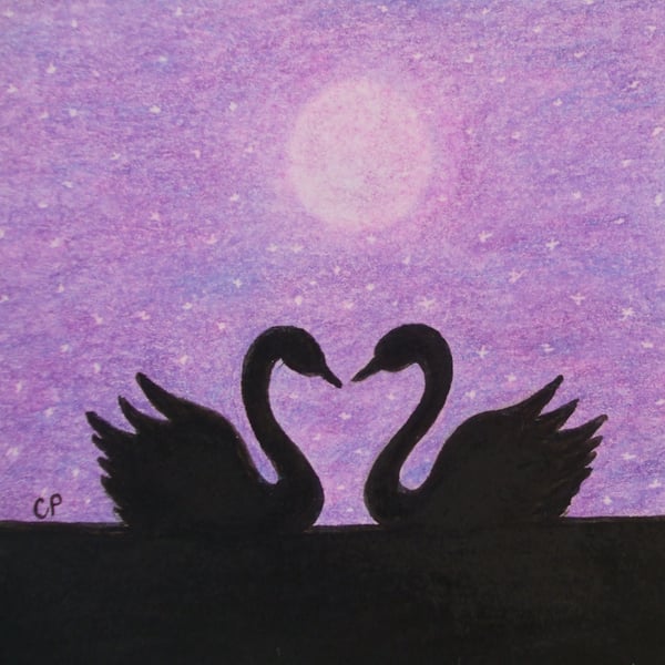 Swan Card, Purple Moon Stars Card, Romantic Swans Silhouette Art Card