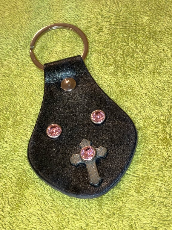 Black Leather Keyring - Catholic Cross Design 3 Pink Gemstones FREE SHIPPING