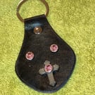 Black Leather Keyring - Catholic Cross Design 3 Pink Gemstones FREE SHIPPING