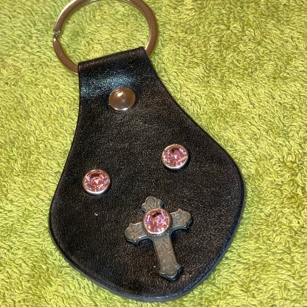 Black Leather Keyring - Catholic Cross Design 3 Pink Gemstones FREE SHIPPING